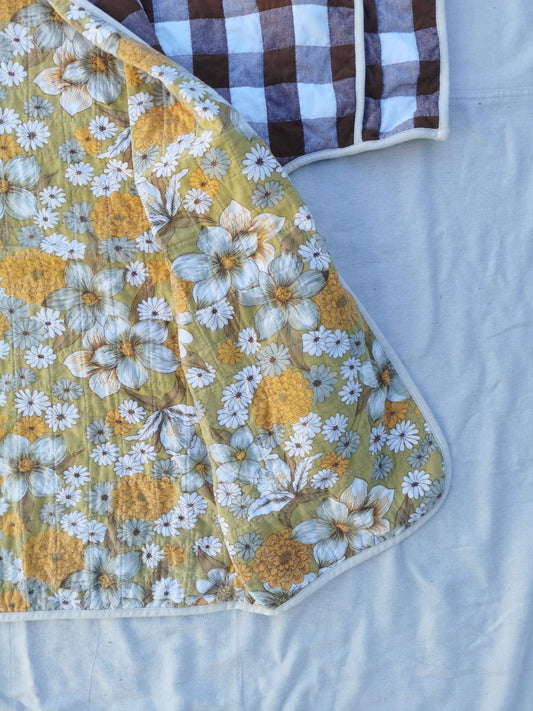 QUILT COAT - Size L - Brown Gingham with Retro Floral Lining