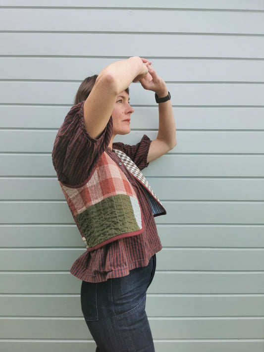 QUILTED VEST - Size XS - Linen Cotton Scrappy Patchwork
