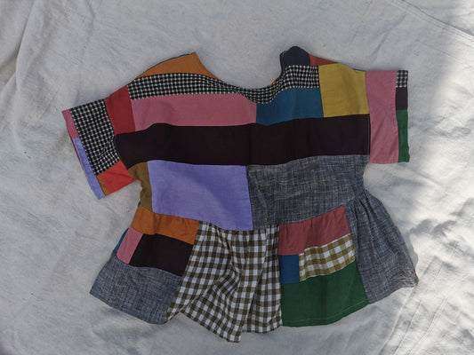 BOXY RUFFLE TOP - Size S - Scrappy Patchwork Linen Cotton