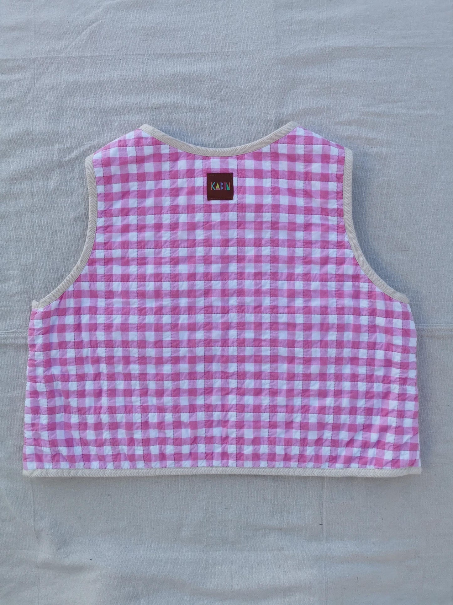 QUILTED VEST - Size M - Pink Gingham with Magenta Purple Pockets and Lining