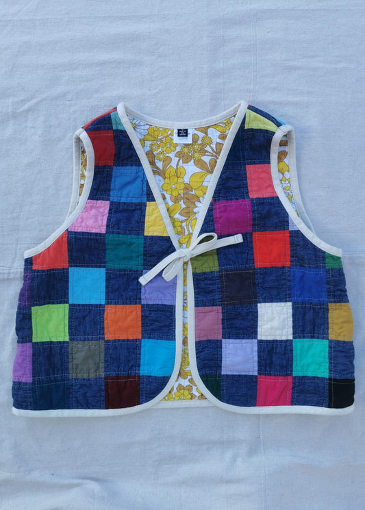 QUILTED VEST - Size S - Bright Patchwork Denim with Vintage Floral Lining