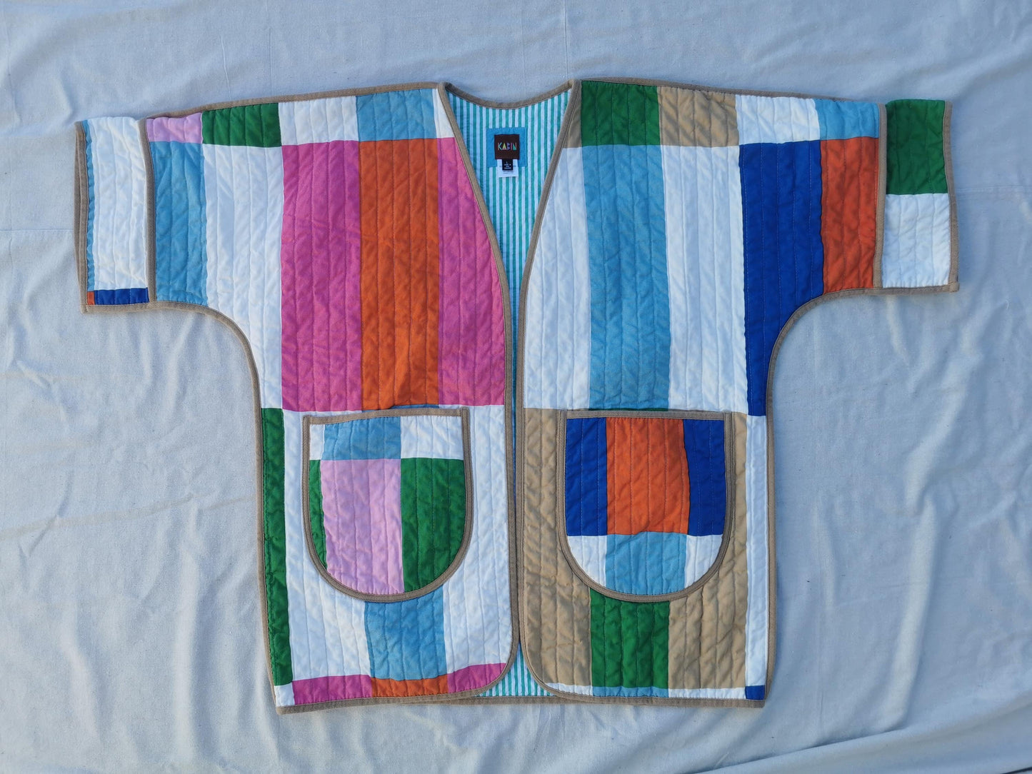 QUILT COAT - Size L - Rectangles with Striped Lining