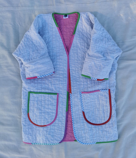 QUILT COAT - Size XS - Quilted Striped Cotton with Bubblegum Pink lining