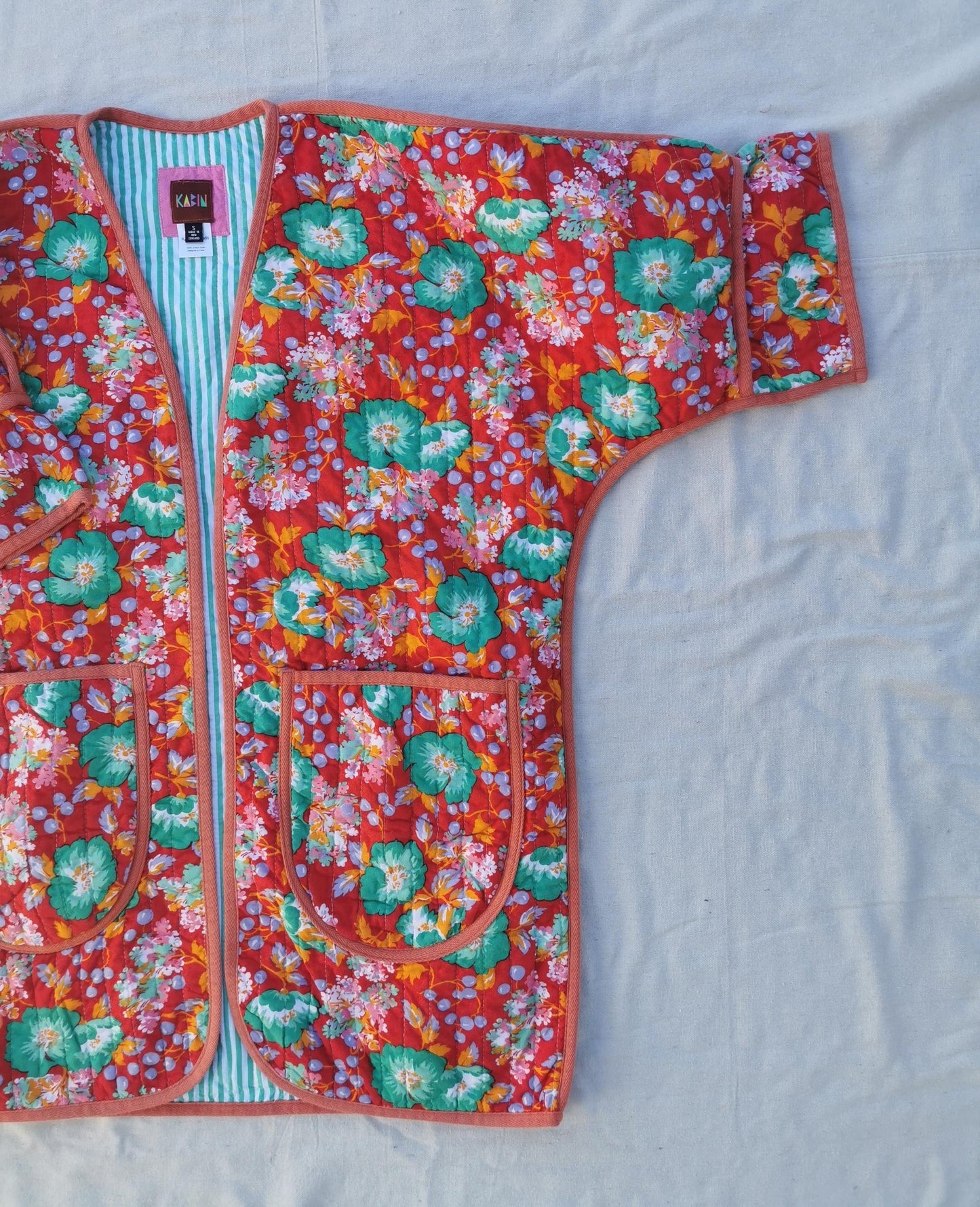 QUILT COAT - Red Floral Print with Striped Lining