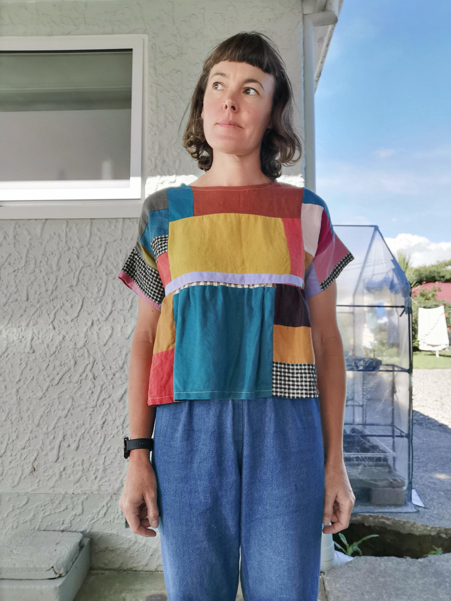 BOXY RUFFLE TOP - Size S - Scrappy Patchwork Linen Cotton