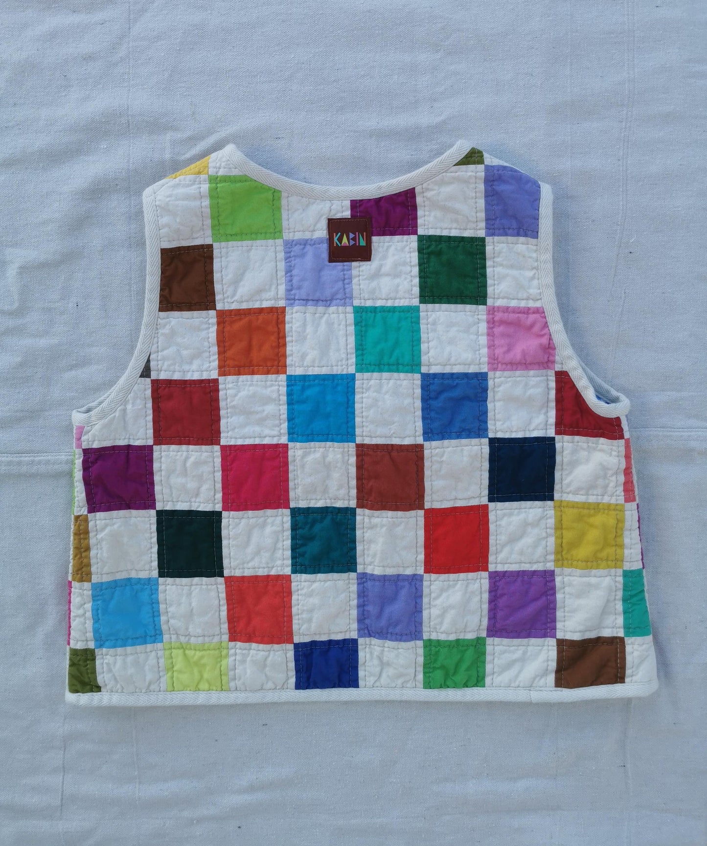 QUILTED VEST - Size XS - Patchwork with Blue Striped Lining