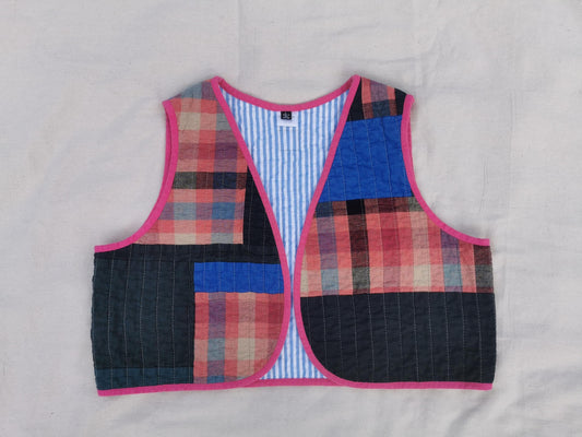 QUILTED VEST - Size L - Linen Cotton Scrappy Patchwork