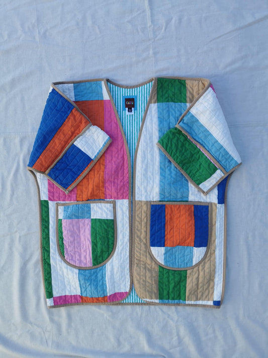 QUILT COAT - Size L - Rectangles with Striped Lining
