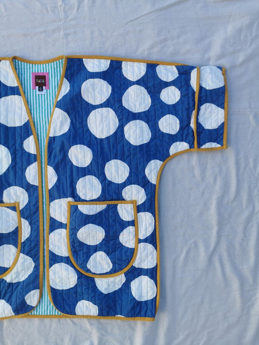 QUILT COAT - Size XL - Bold Blue Spot with Mustard Trim