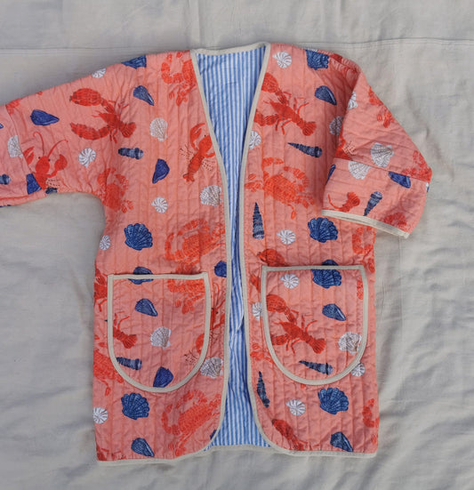 QUILT COAT - Size M - Quilted Peachy Lobster Cotton with Striped Lining