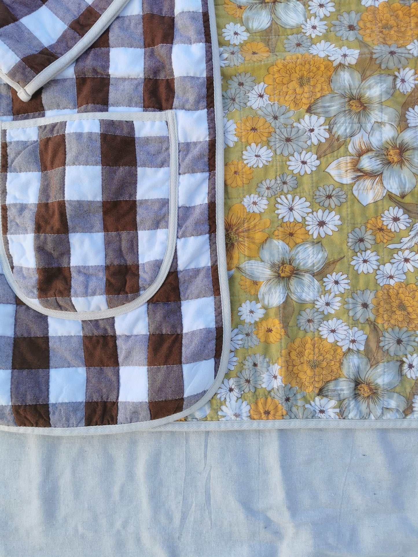 QUILT COAT - Size L - Brown Gingham with Retro Floral Lining