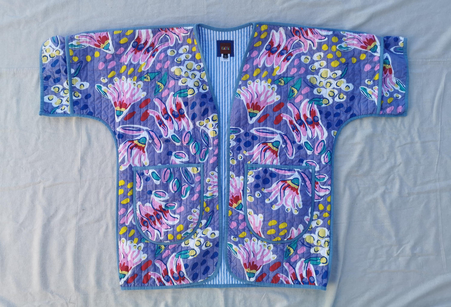 QUILT COAT - Size L - Bold Floral with Striped Lining