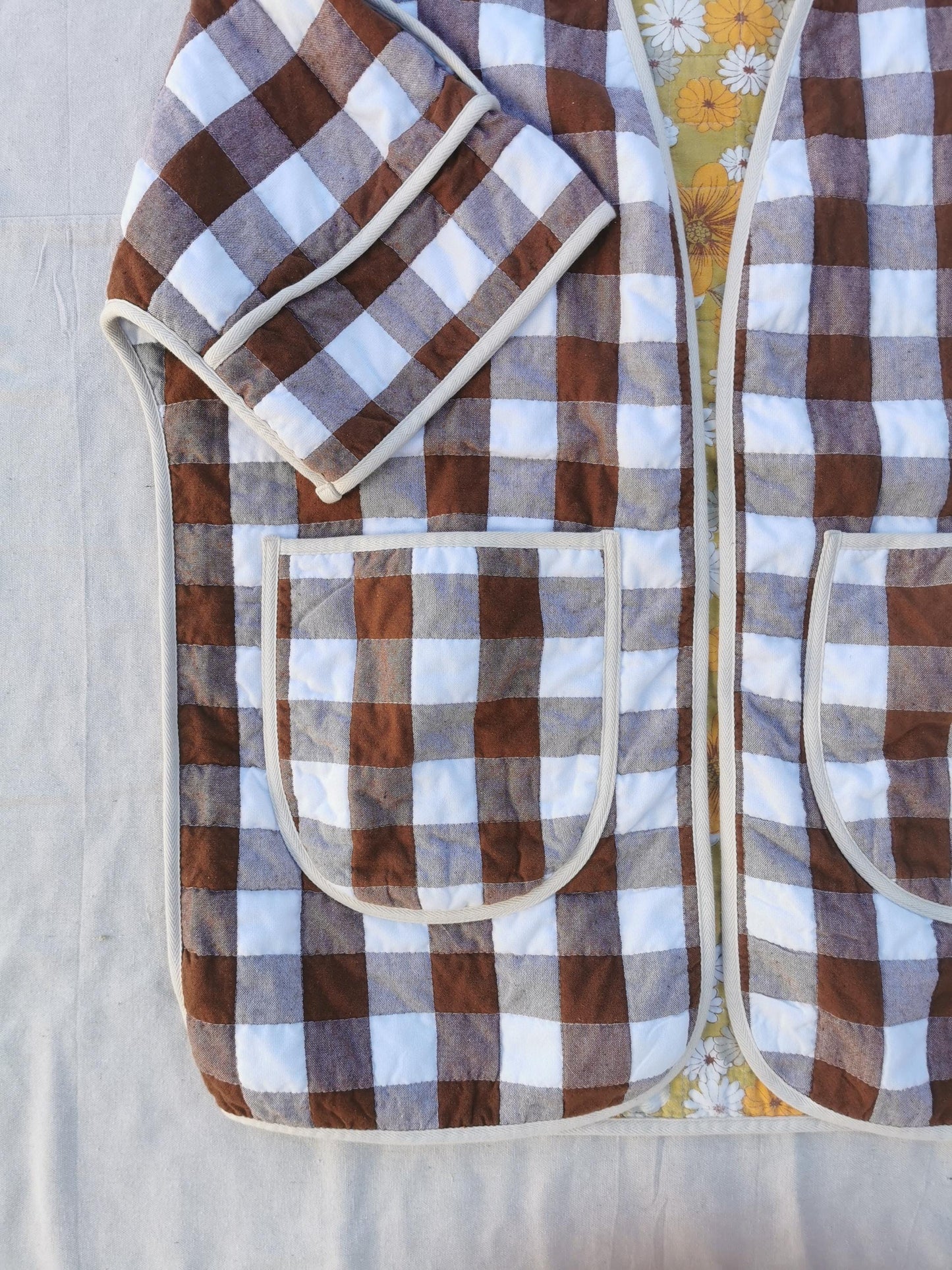 QUILT COAT - Size L - Brown Gingham with Retro Floral Lining