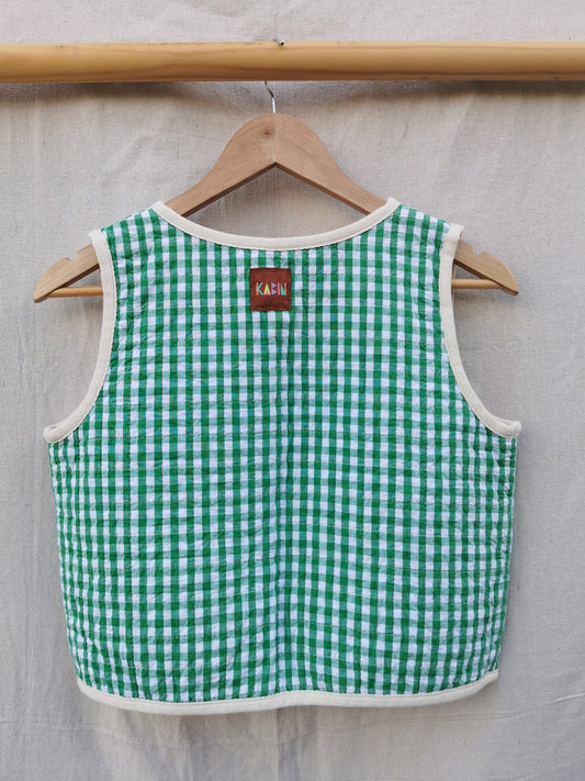 KIDS QUILTED VEST - Size 10 - Green Gingham and Coral Pink