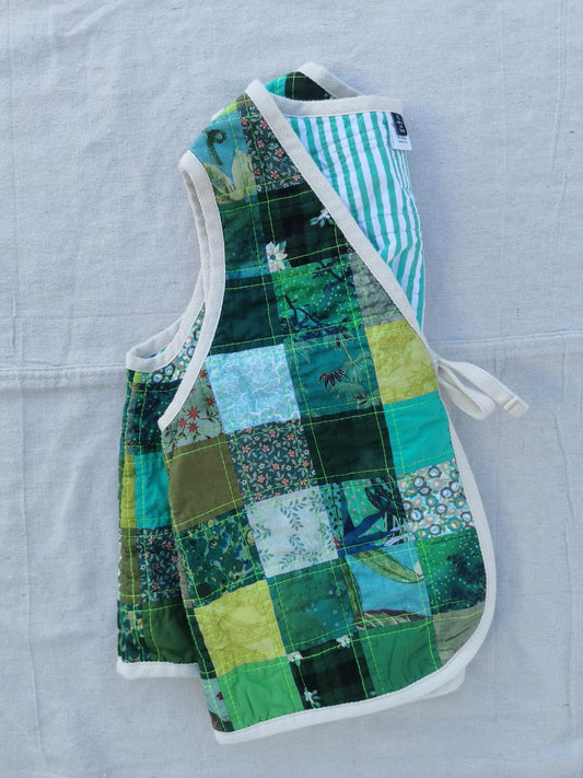 QUILTED VEST - Size XS - Green Patchwork with Minty Striped Lining