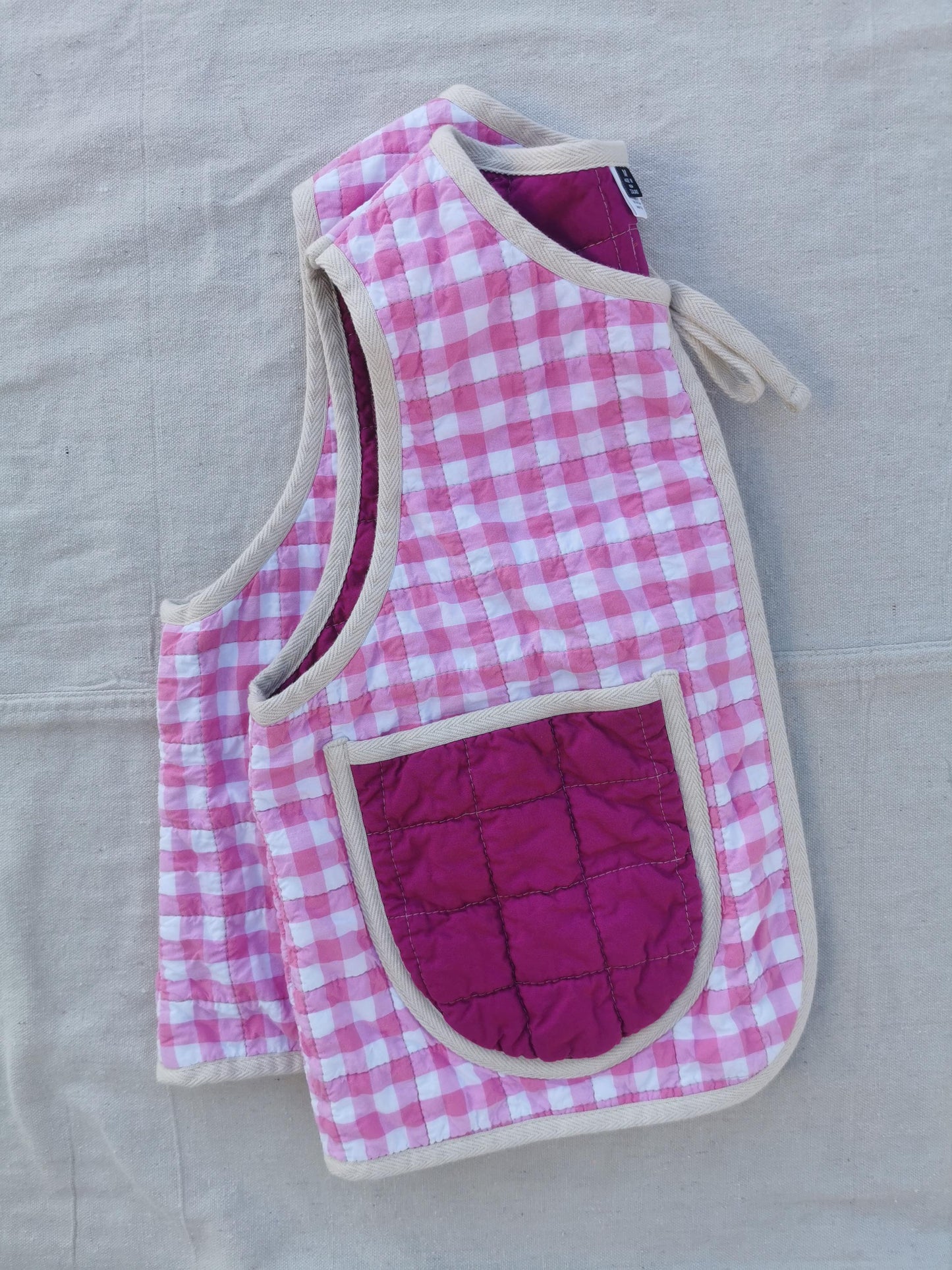 QUILTED VEST - Size M - Pink Gingham with Magenta Purple Pockets and Lining