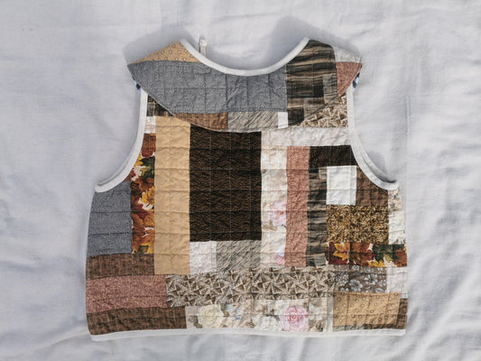 QUILTED VEST - Size S - Brown Patchwork with Collar
