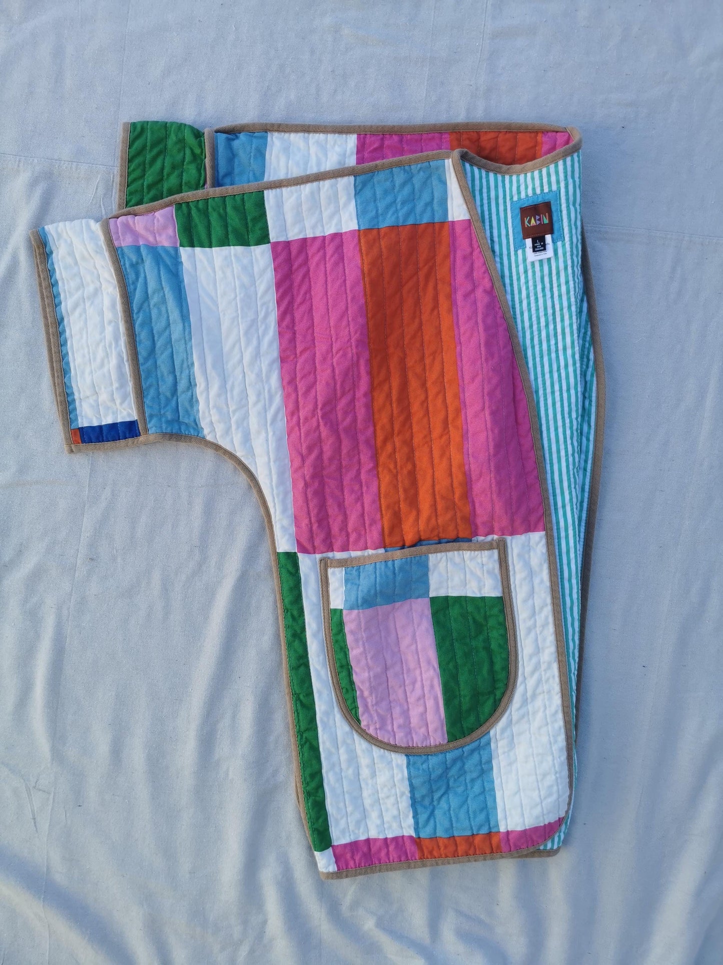 QUILT COAT - Size L - Rectangles with Striped Lining