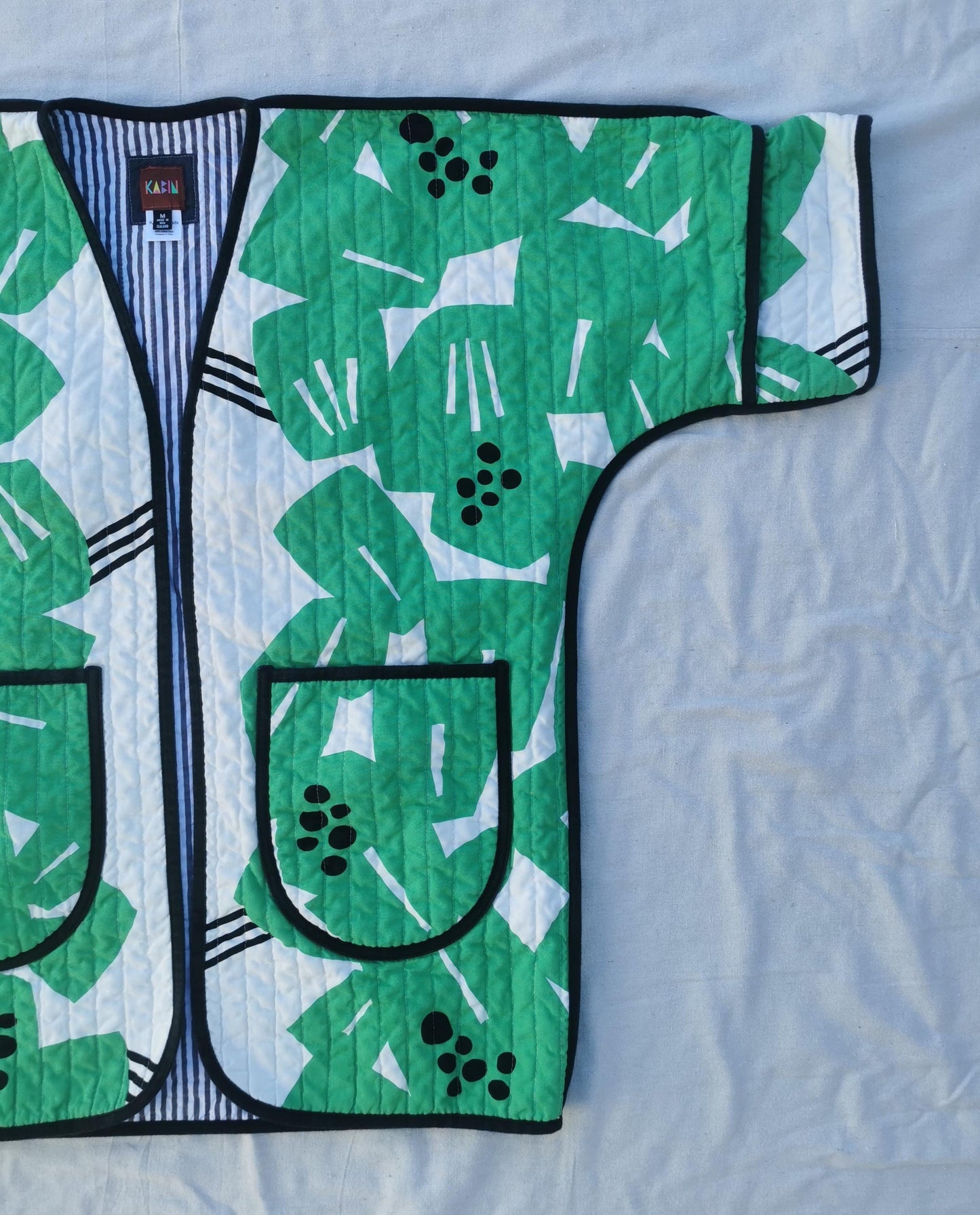 QUILT COAT - Size M - Bold Green Print with Striped Lining