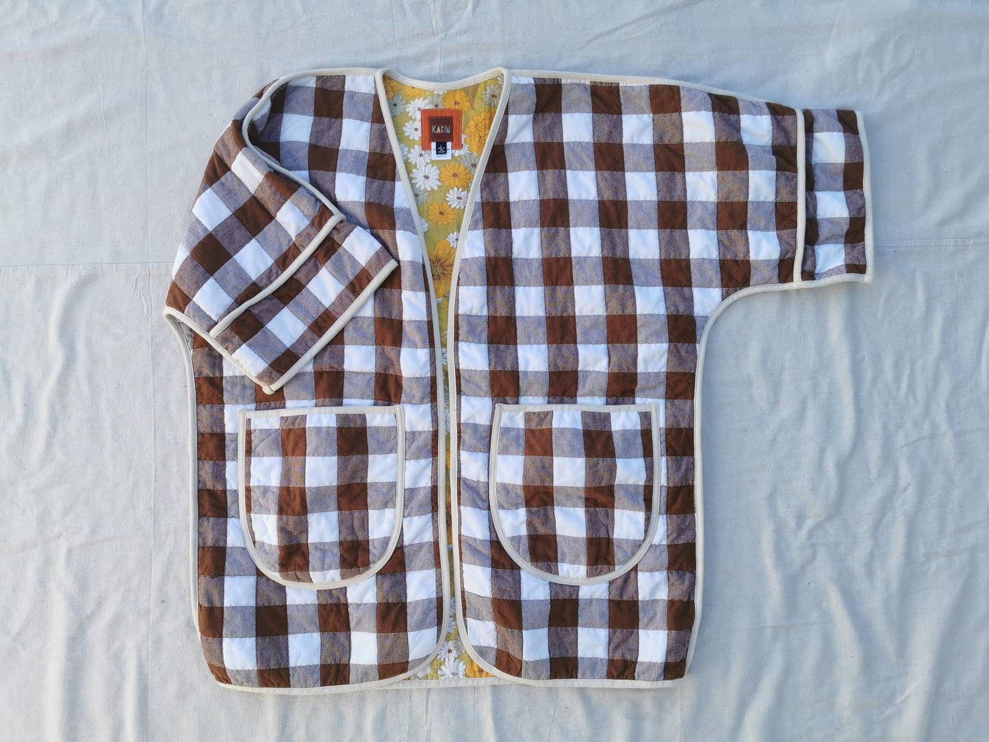 QUILT COAT - Size L - Brown Gingham with Retro Floral Lining