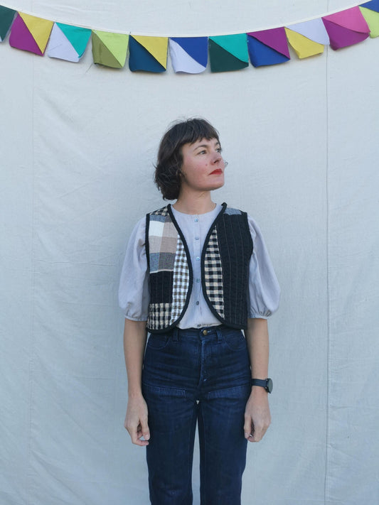 QUILTED VEST - Size S - Linen Cotton Scrappy Patchwork
