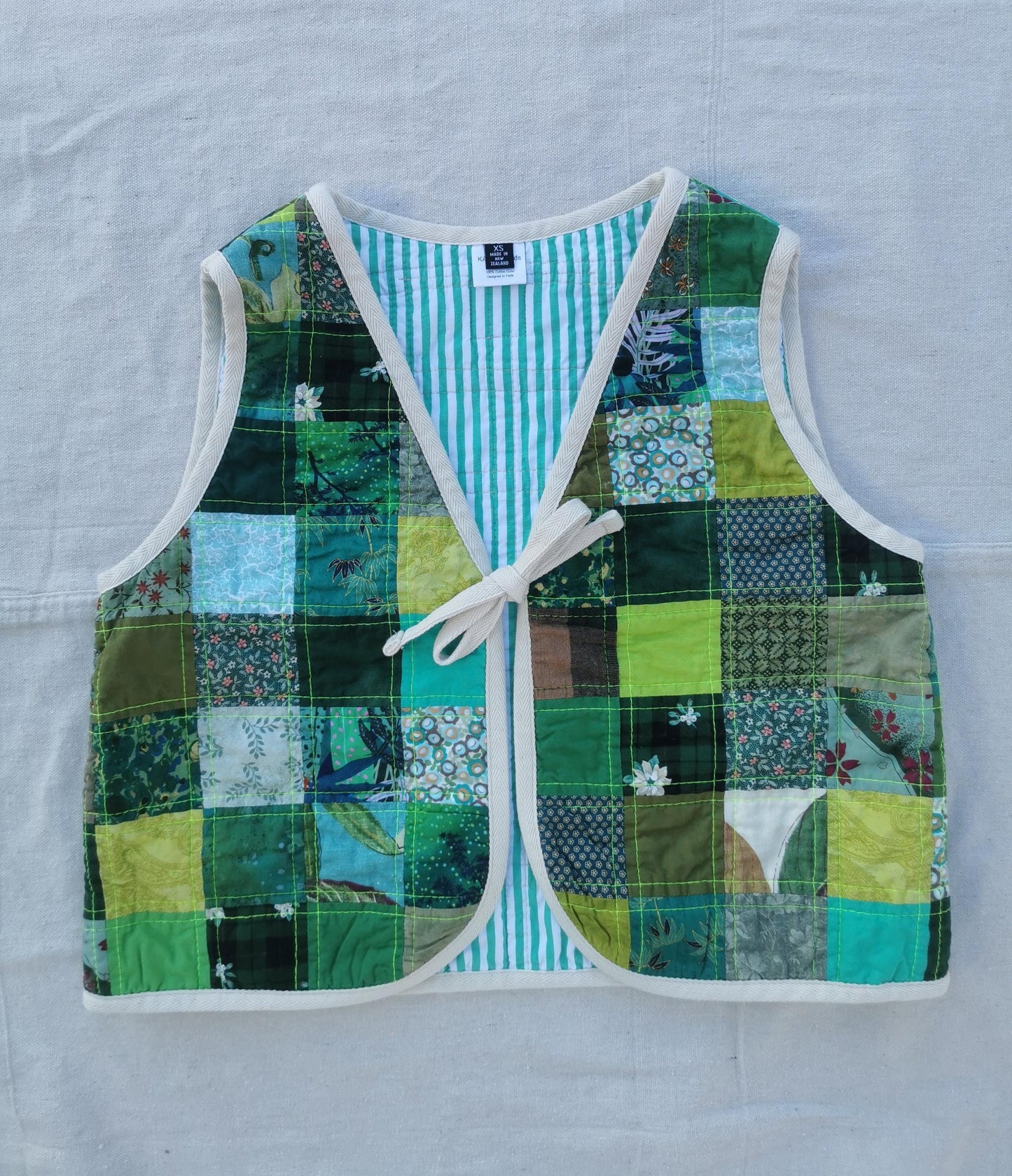 QUILTED VEST - Size XS - Green Patchwork with Minty Striped Lining
