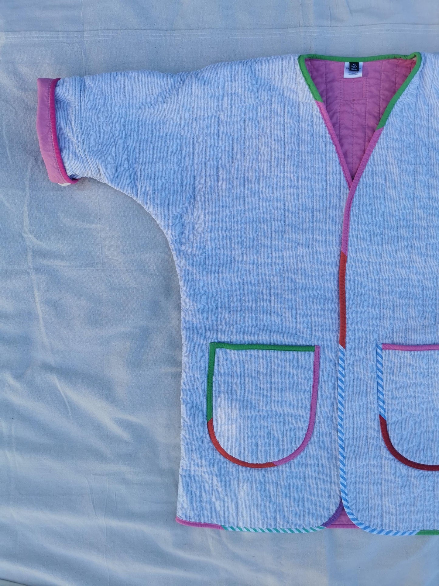 QUILT COAT - Size XS - Quilted Striped Cotton with Bubblegum Pink lining