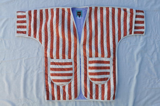 QUILT COAT - Size M - Bold Terracotta Stripe with Lilac Lining