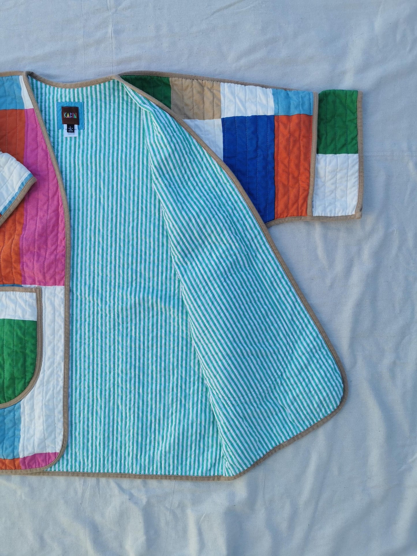 QUILT COAT - Size L - Rectangles with Striped Lining