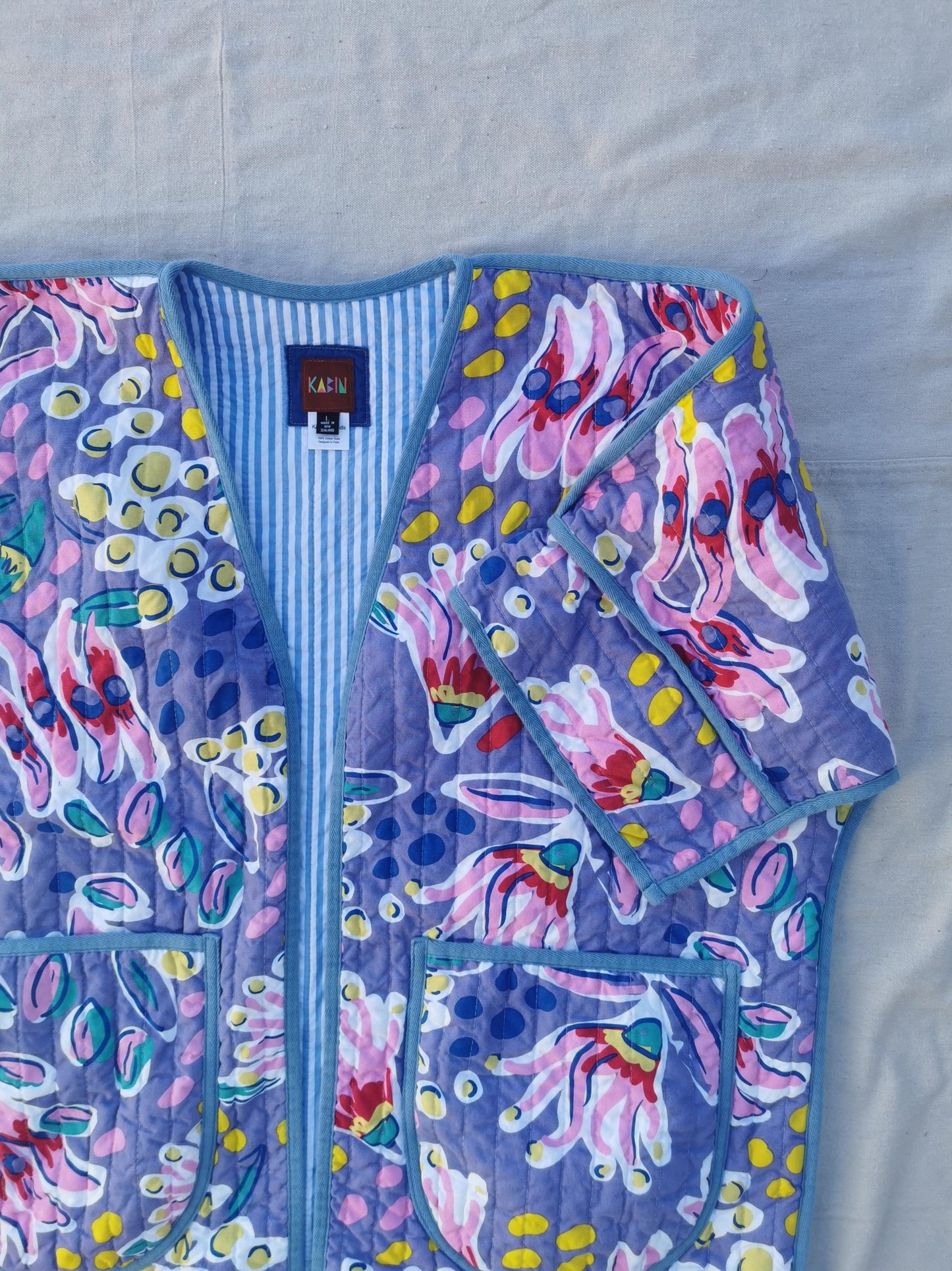QUILT COAT - Size L - Bold Floral with Striped Lining