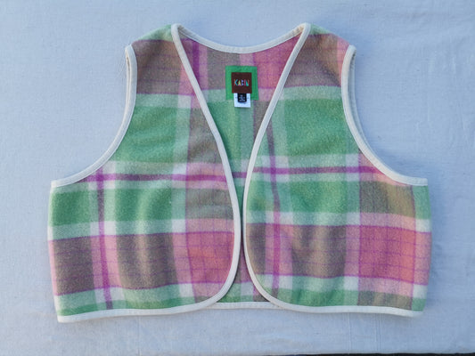 VINTAGE WOOL VEST - Size XL - Green + Pink with Cotton Trim