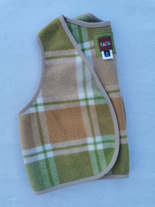 VINTAGE WOOL VEST - Size M - Green with Tan Cotton Trim