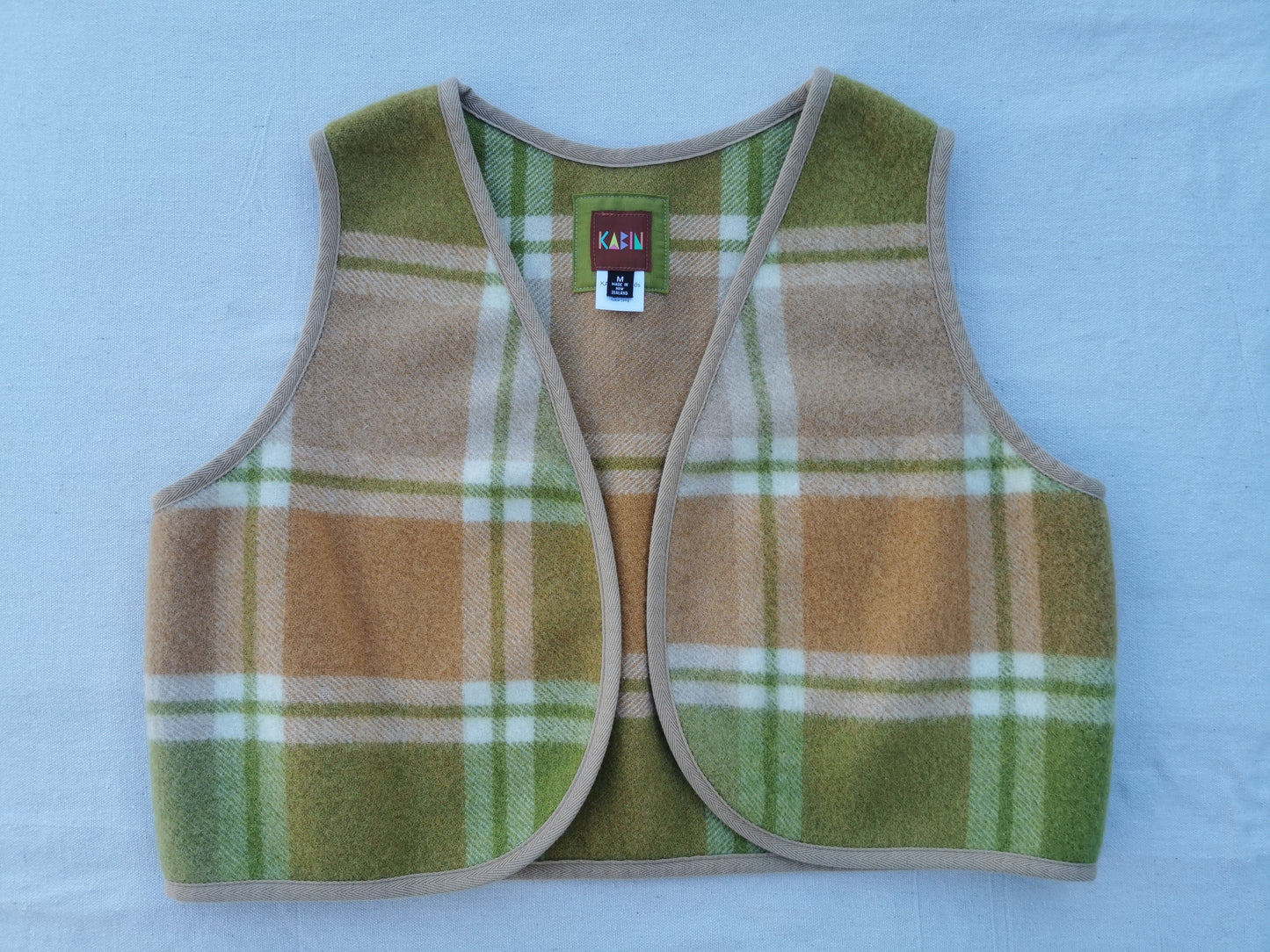 VINTAGE WOOL VEST - Size M - Green with Tan Cotton Trim