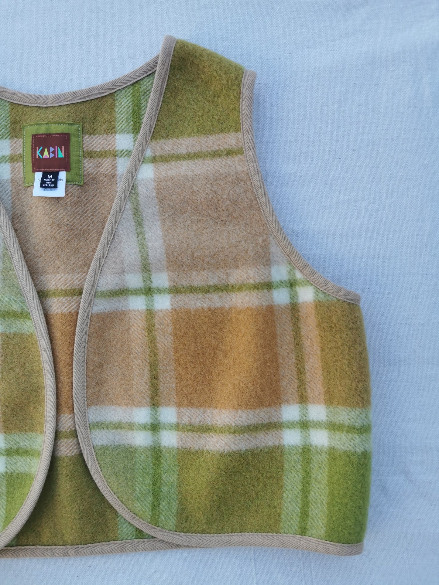 VINTAGE WOOL VEST - Size M - Green with Tan Cotton Trim