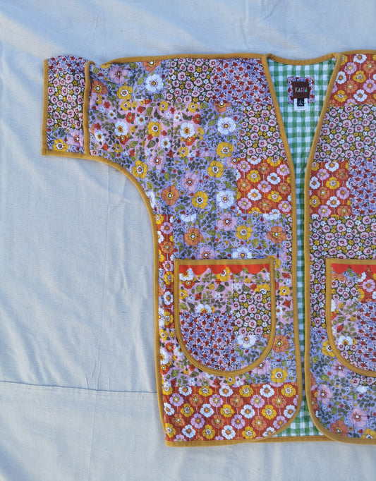 QUILT COAT - Size S - Patchwork Quilted Floral Cotton with Gingham Lining