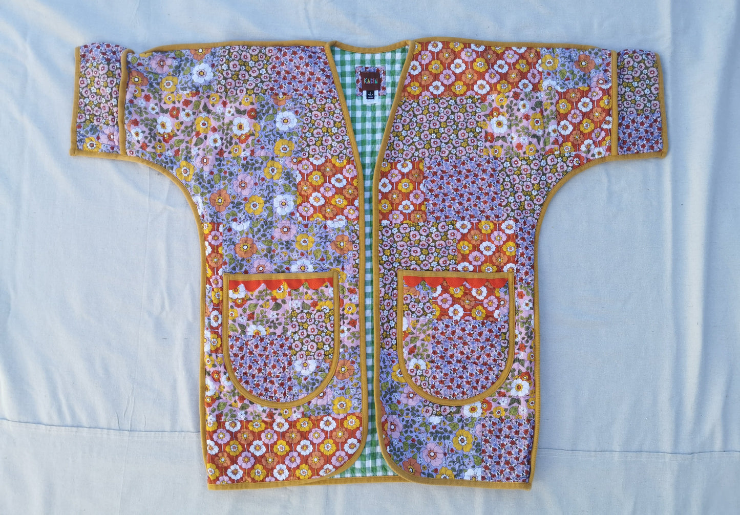 QUILT COAT - Size S - Patchwork Quilted Floral Cotton with Gingham Lining