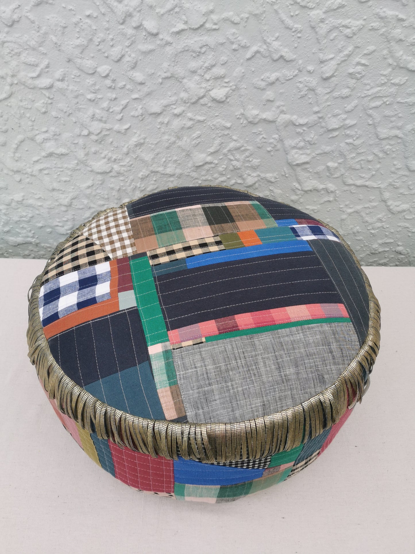 Improv Patchwork Pouffe with Gold Fringe