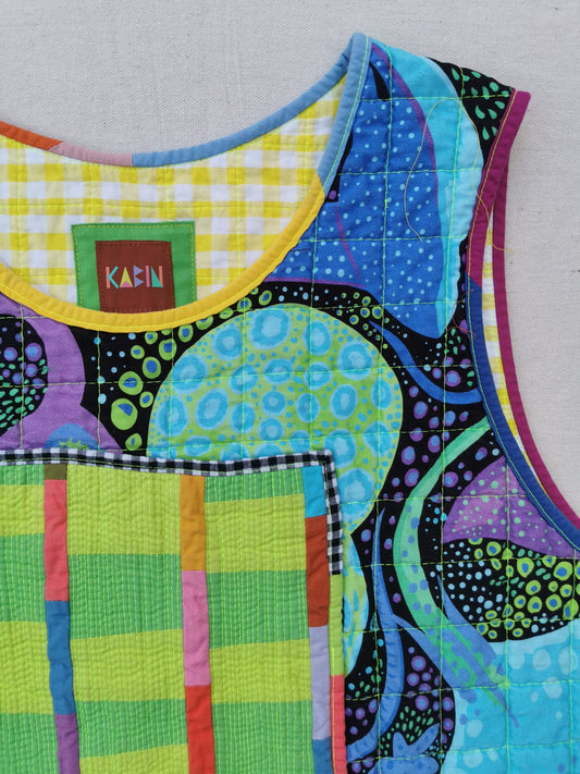 6/12 QUILTED ART VEST - Size XL - Improv Patchwork with Side Ties