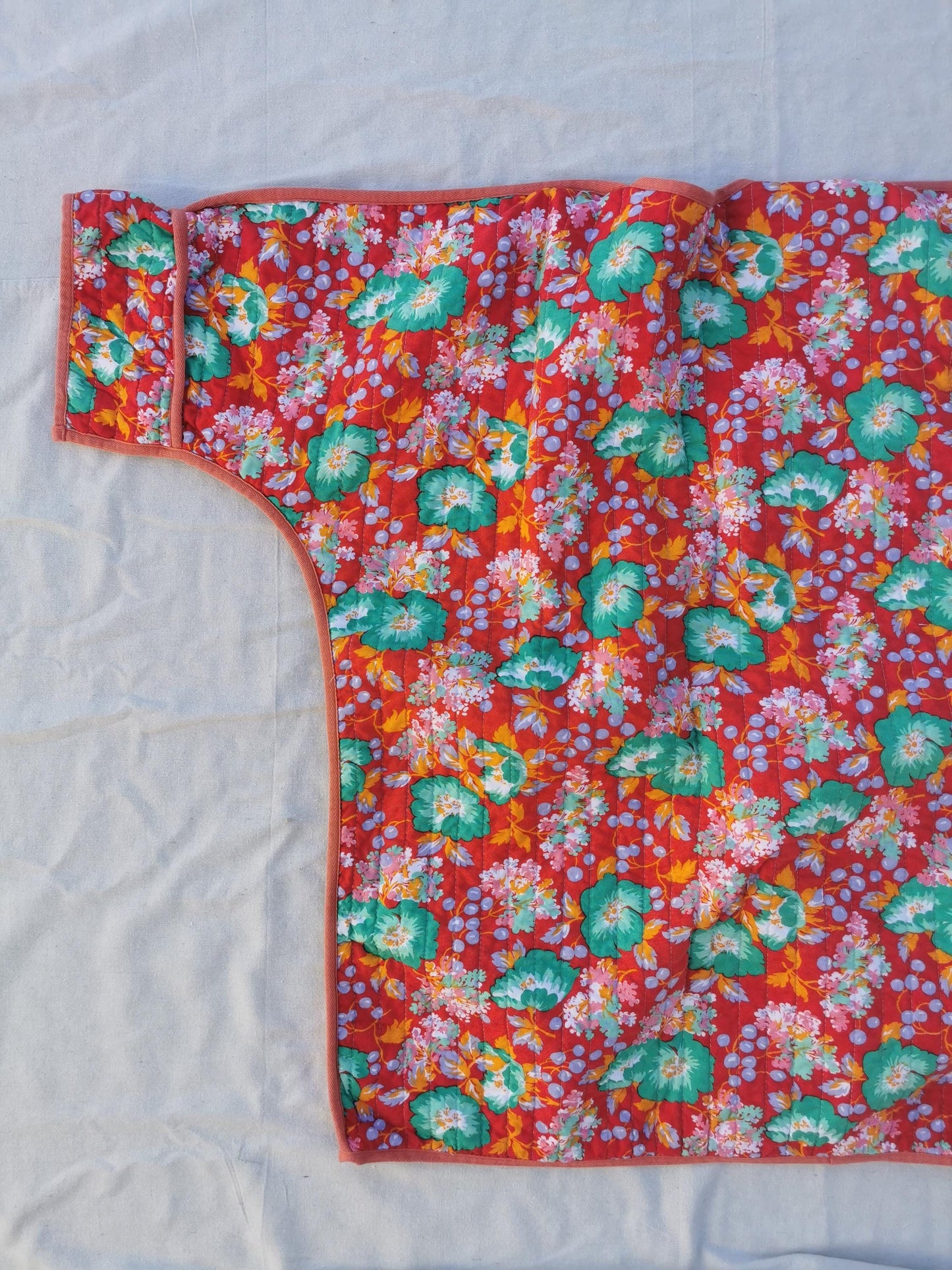QUILT COAT - Red Floral Print with Striped Lining
