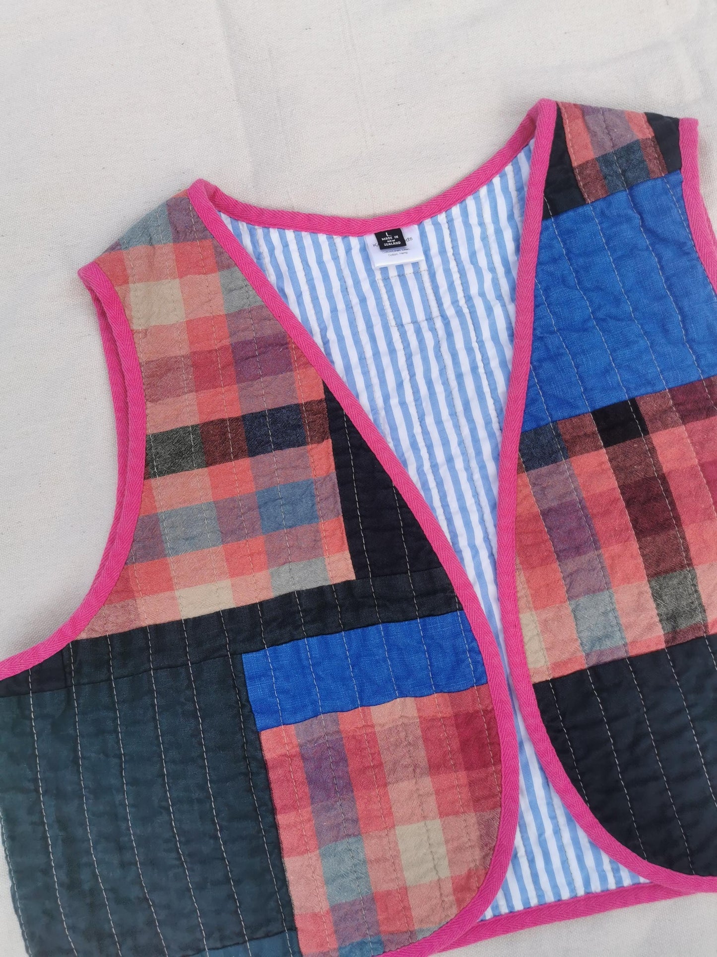 QUILTED VEST - Size L - Linen Cotton Scrappy Patchwork