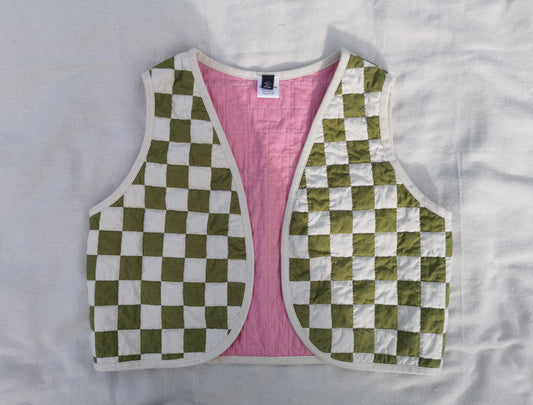 QUILTED VEST - Size XS/S - Checker Cotton with Bubblegum Pink Lining