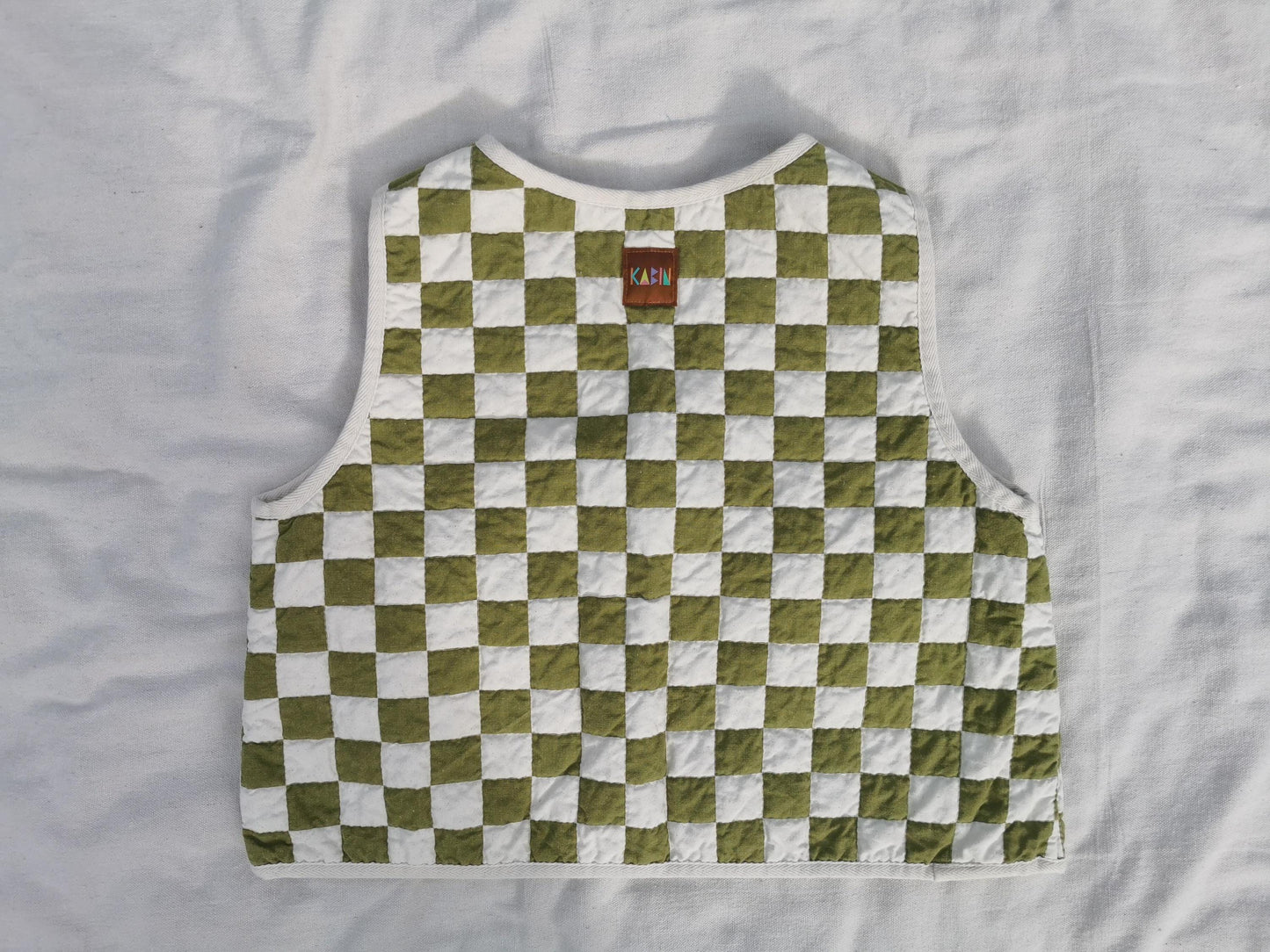 QUILTED VEST - Size S - Checker Patchwork with Pocket Fringe