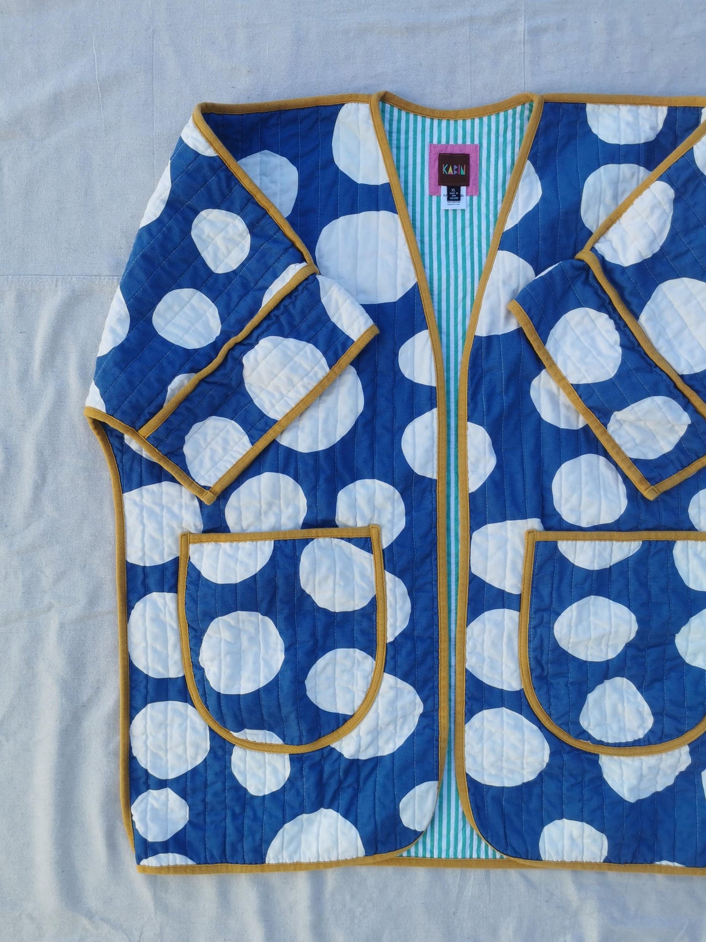QUILT COAT - Size XL - Bold Blue Spot with Mustard Trim