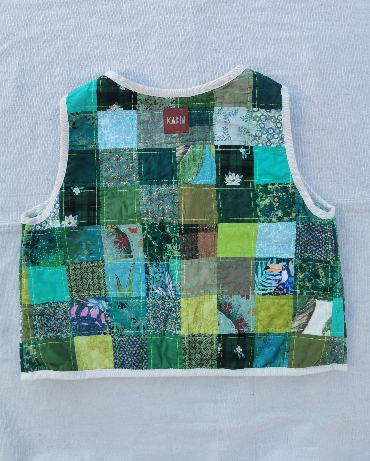 QUILTED VEST - Size XS - Green Patchwork with Minty Striped Lining