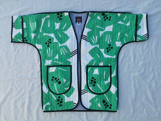 QUILT COAT - Size M - Bold Green Print with Striped Lining