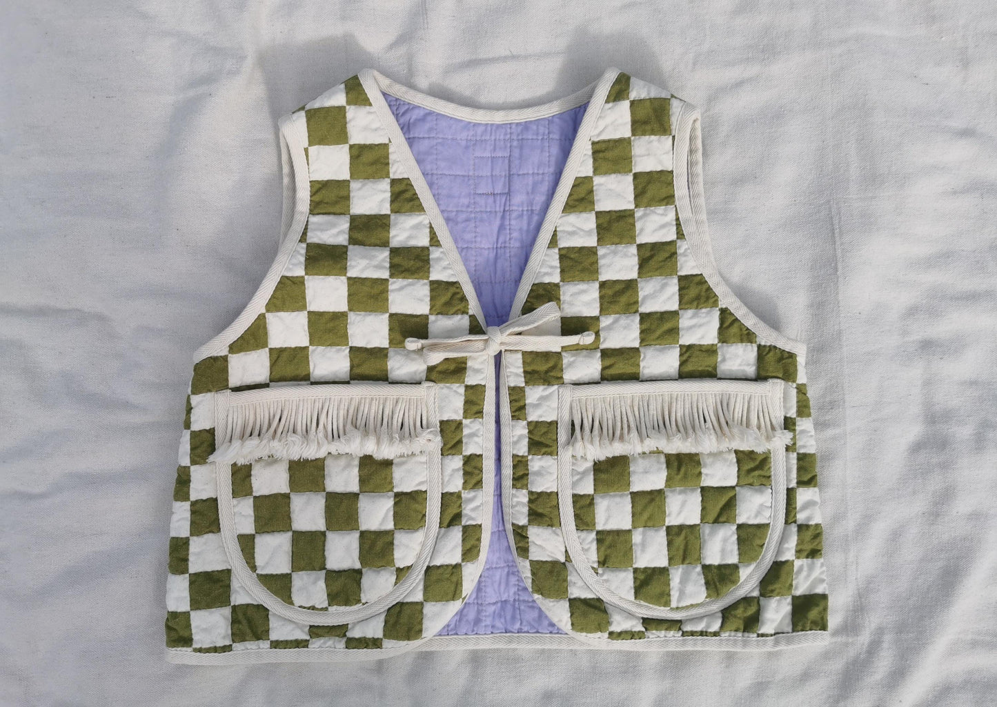 QUILTED VEST - Size S - Checker Patchwork with Pocket Fringe