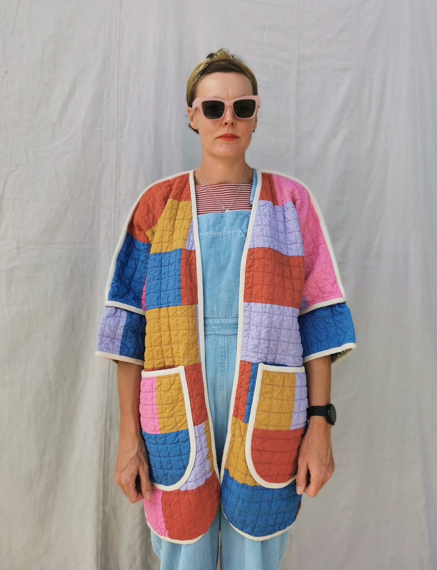 QUILT COAT - Size M - Quilted Peachy Lobster Cotton with Striped Lining