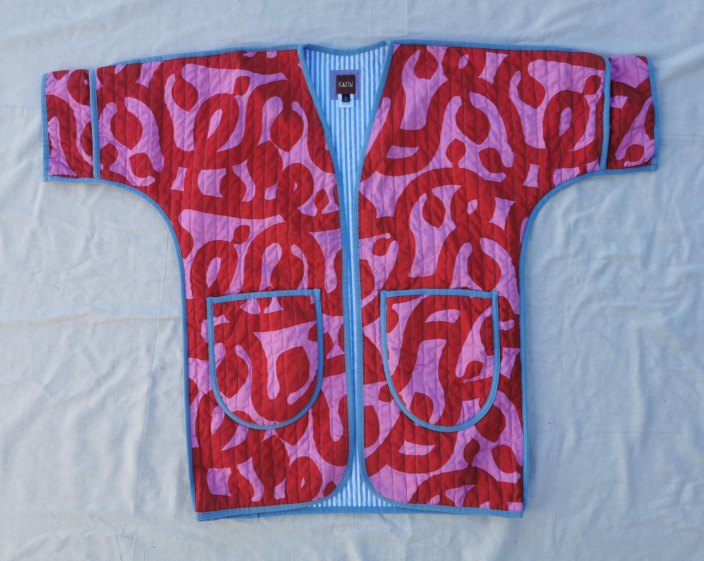 QUILT COAT - Size S - Bold Red and Pink Print with Striped Lining