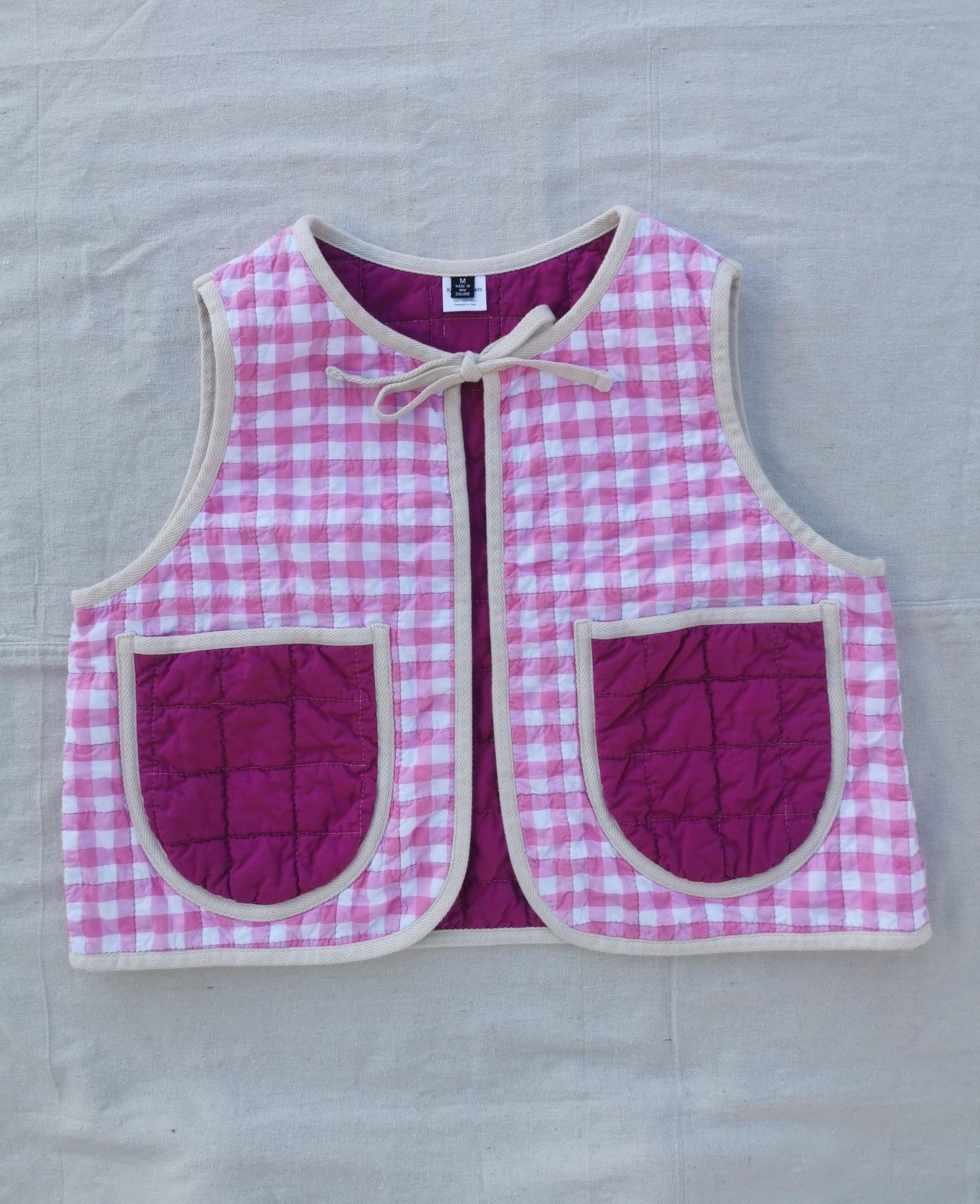 QUILTED VEST - Size M - Pink Gingham with Magenta Purple Pockets and Lining