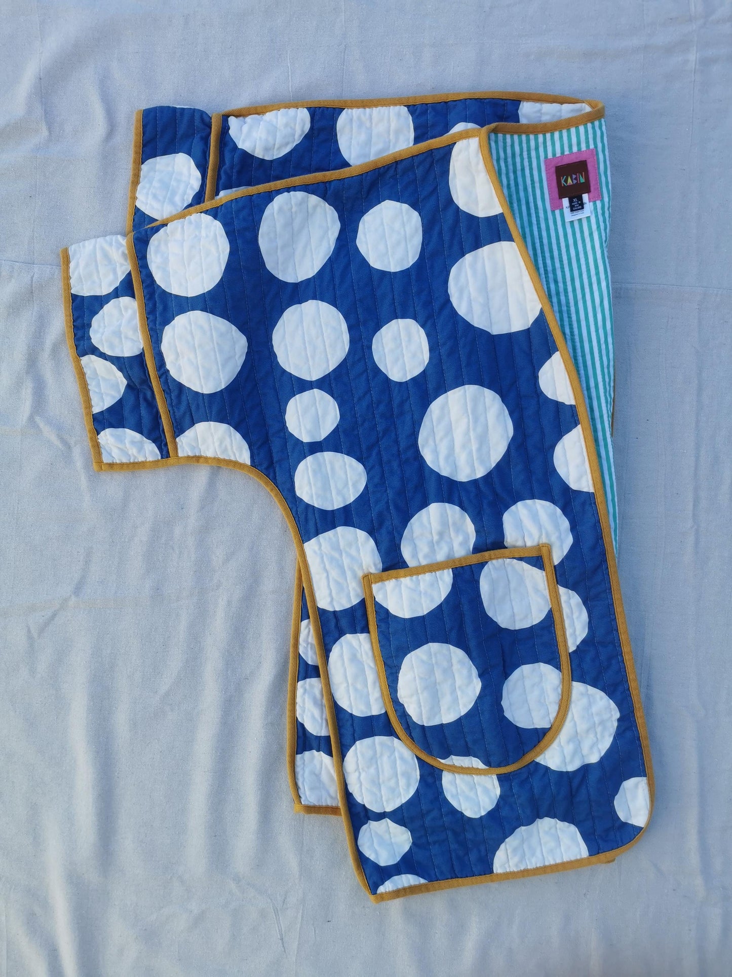 QUILT COAT - Size XL - Bold Blue Spot with Mustard Trim